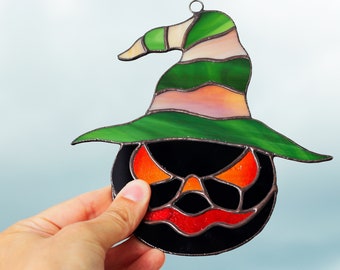 Halloween suncatcher stained glass Angry pumpkin suncatcher window hanging Halloween decor