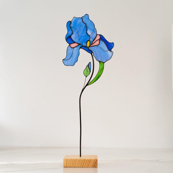 Decoración de mesa con flores de vitral de iris azul, atrapasol floral hecho a mano, regalo para el Día de la Madre
