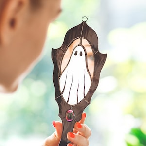 Stained glass mirror ghost Halloween decor window hangings Horror decoration Cute ghost stained glass wall art image 1