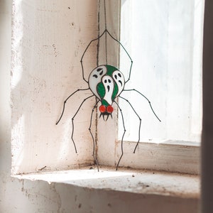 Stained glass spider window hangings Glass spider home decor Spider with Ghosts  Halloween spooky decoration wall hanging