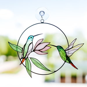 Hummingbird suncatcher stained glass Hummingbird with pink flower window hangings Gift from daughter to mom Mother's Day gift
