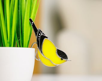 Stained glass Goldfinch bird Cute pot decor Small planter decoration Mother's day gift decor for small plants for shelf