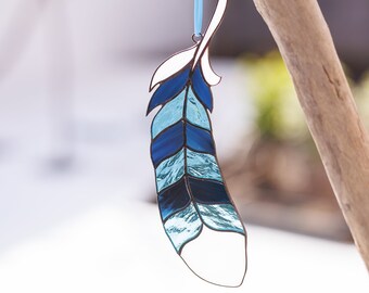 Blue Jay Feather stained glass suncatcher home decor Stained glass window hanging decor Gift for father