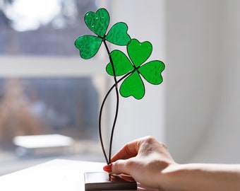 Clover stained glass suncatcher on a stone stand Four clover leaf clover Lucky gift for friend Shamrock Four Leaf Clover Stained Glass