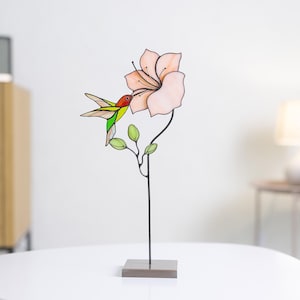 Stained Glass Hummingbird Table Decor with flower perfect gift for dad unique home decor and garden stake for Father's Day celebration