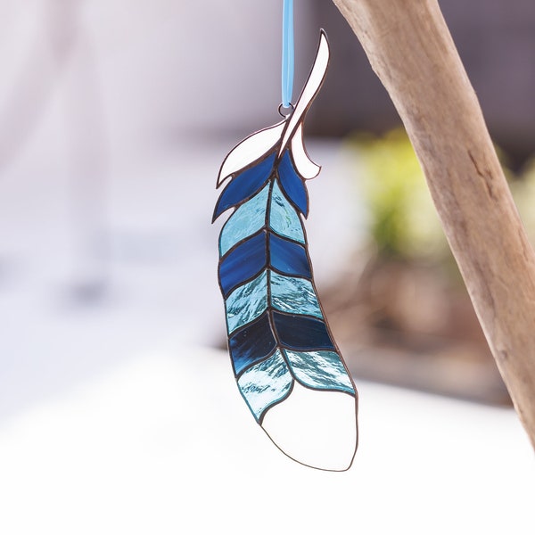 Blue Jay Feather stained glass suncatcher home decor Stained glass window hanging decor Gift for father