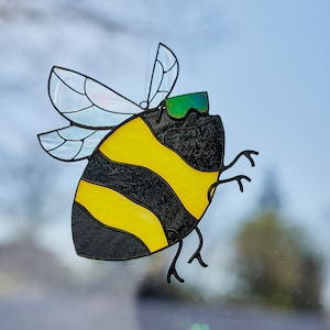 Suncatcher Bumblebee in sunglasses stained glass bee window hanging Funny gift for friend Modern home decor image 1
