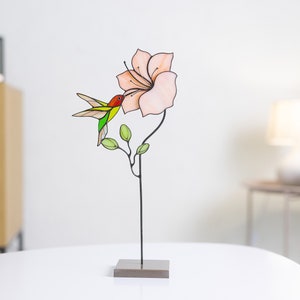 Stained glass hummingbird with stained glass flower on a stone stand 2 in 1 Table decor Garden stake Gift for mom