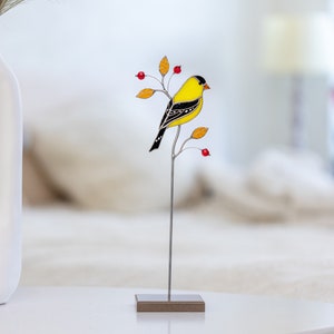 Goldfinch stained glass suncatcher on a stone stand Table decor Modern art Gift for for mother Christmas gift image 3