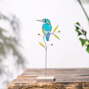 Kingfisher stained glass decor on a stone stand Table decorations for living room Gifts for coworkers Gift for Christmas