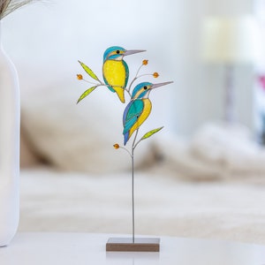 Stained glass Kingfisher couple on a branch Table centerpiece Modern home decor Suncatcher for window Christmas gift