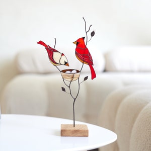 Stained glass red cardinal couple Table decor for living room Stained glass cardinal suncatcher family gift Custom stained glass modern image 1