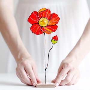 Stained Glass Poppy Suncatcher Plant Stake Memorial Flower Gift Table Decor for Mom