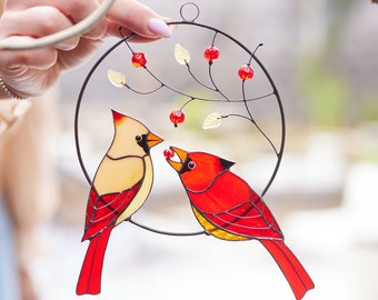 Vitrail suncatcher paire de cardinal rouge Fête des Pères cadeau fenêtre tentures décor à la maison sun catcher art verre