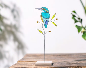 Kingfisher stained glass decor on a stone stand Table decorations for living room Gifts for coworkers Gift for Christmas