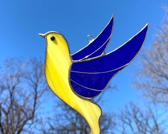 Dove of peace stained glass suncetcher Window hangings blue yellow bird Ukraine shop