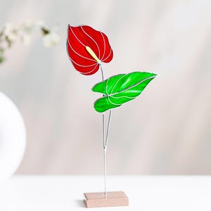 Stained Glass Anthurium Plant Stake Red Flower Decor Table Suncatcher Mother's Day Gift