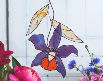 Glasmalerei Sonnenfänger Orchidee lila Blume modernes Wohn Dekor Geschenk für Mama