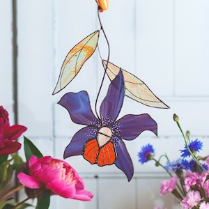 Stained glass suncatcher Orchid purple flower modern home decor Gift for mom