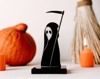 Grim reaper stained glass figurine Halloween decor for fireplace Halloween ornaments Collectable art Unique Halloween