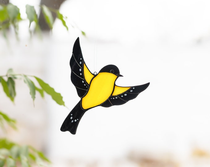 Stained glass suncatcher Goldfinch bird Window hangings Small stained glass bird Cute gift Window decor sun catcher Yellow bird art