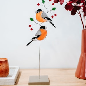 Stained Glass Bullfinch Table Decor: Christmas Centerpiece