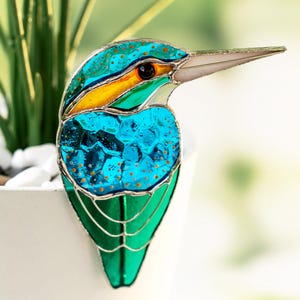 Stained Glass Suncatcher Kingfisher Bird Planter Decor Gift idea for plant lover Fathers Day gift Unique Home Decor Custom Bird Window Decor