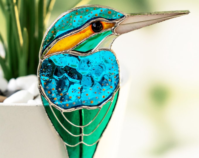Stained Glass Kingfisher Suncatcher: Bird Window Decor, Plant Lover Gift Mother's Gift