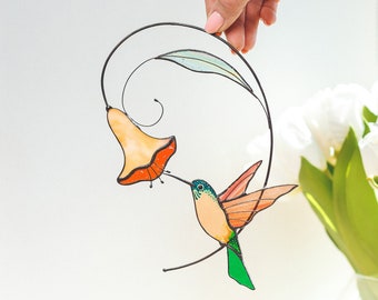 Flying Hummingbird sun catcher Stained glass hummingbird with bell flower Modern decor Gift for grandparents