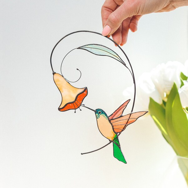 Flying Hummingbird sun catcher Stained glass hummingbird with bell flower Modern decor Gift for grandparents