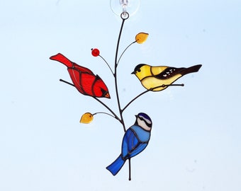 Red cardinal bird Goldfinch bird and Chickadee bird stained glass window hangings Stained glass garden light catcher Gift for Christmas