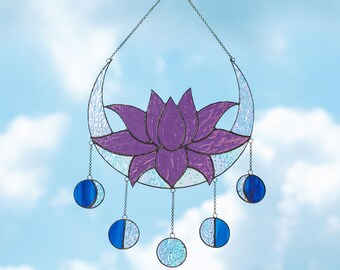 Lotus flower suncatcher Stained glass moon phases Wall and window decor Housewarming gift