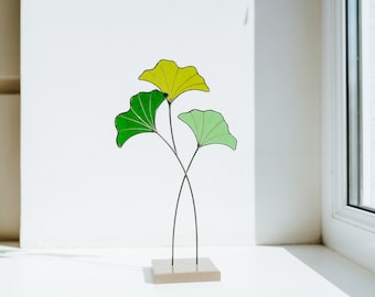 Gingko leaf stained glass suncatcher on a stone stand Living room art Gift for mom Plant lover gift