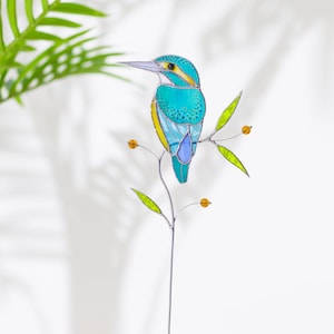 Stained Glass Kingfisher Table Decor Handmade Bird Gift for Mom Windowsill Accent Suncatcher