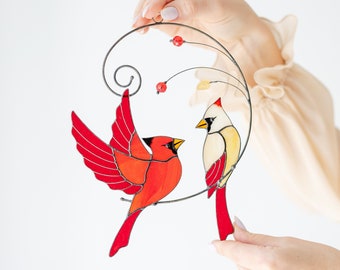 Red Cardinals koppel glas-in-lood suncatcher Raamophangaccessoire Personaliseer lichtvanger Glasdecor Kerstcadeau