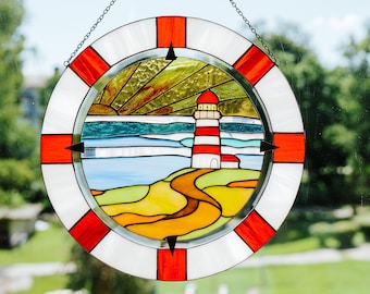 Lighthouse stained glass panel Window hangings suncatcher Housewarming gift Beach house decor