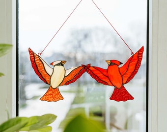 Suncatcher Red cardinal couple stained glass window hanging Red Cardinal sun catcher Mother's Day Gift