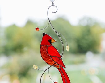 Cardinal Stained Glass Suncatcher – Hand-Painted 8” Window Hanging For Home & Garden Decor