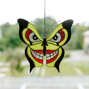 Halloween suncatcher stained glass Creepy butterfly Sun catcher with joker face mask Unique gifts