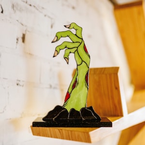 Zombie hand stained glass suncatcher on stone stand Halloween decorations Gothic pop art Gift for him