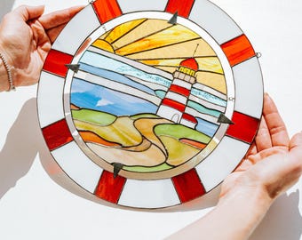 Lighthouse Stained Glass Suncatcher: Coastal Window Hanging, Beach House Decor