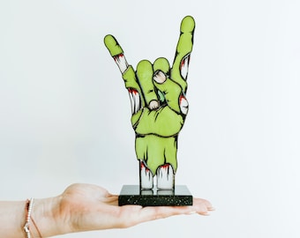 Rock On stained glass suncatcher halloween figurine indoor/outdoor decorations Zombie hand bedroom decor Gift for boyfriend