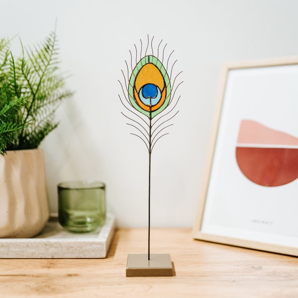 Stained glass Peacock feather on a stone stand Table decor for living room New home gift