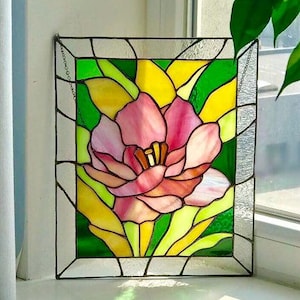 Peony Glasmalerei-Panel Fenster hängen Home Decor Floral Glasmalerei Geschenk für Mama Muttertag Dekor Glasmalerei Blume
