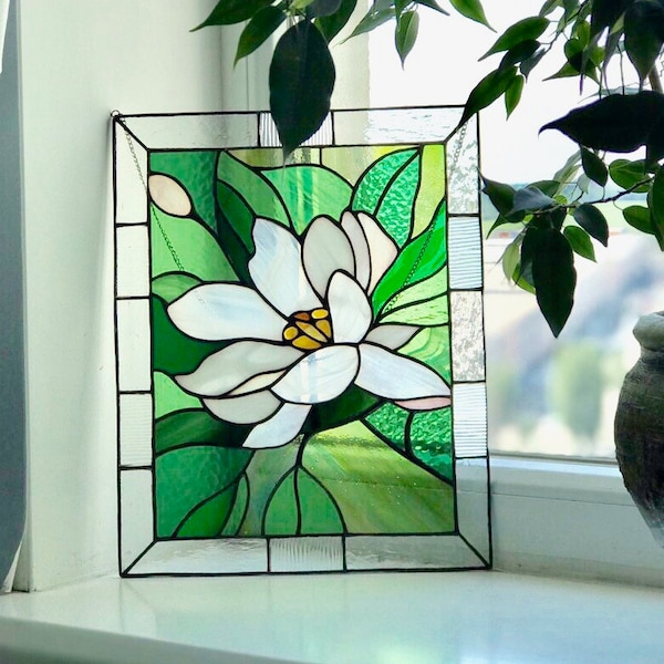 Lotus Stained glass window hangings mom gift Custom stained glass panel lotus flower Christmas gift for mom Home decor