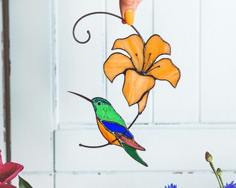 Suncatcher Hummingbird with Orange Flower, Modern Stained Glass Window Hanging, Gift for Mom