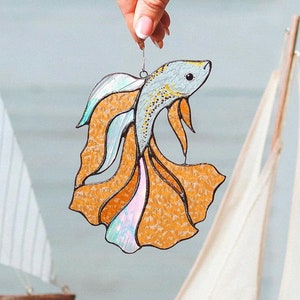 Stained Glass Betta Fish Suncatcher: Siamese Fighting Fish Window Hanging Mother's Day Gift Orange Fish # 1