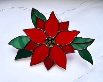 Suncatcher planta navideña Poinsettia de vidriera colgando flores navideñas