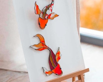 Koi Carp Fishes Stained Glass Suncatcher: Handcrafted Window Hanging Ornament Mother's Day Gift
