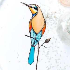 Stained Glass Bee-Eater Garden Stake: Colorful Bird Suncatcher